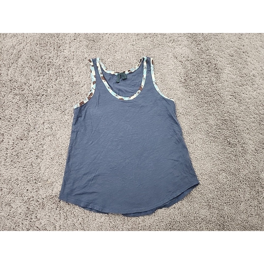 Left of Center Tank Top Women Size S Blue Patterned Trim Scoop Neck Cotton USA
